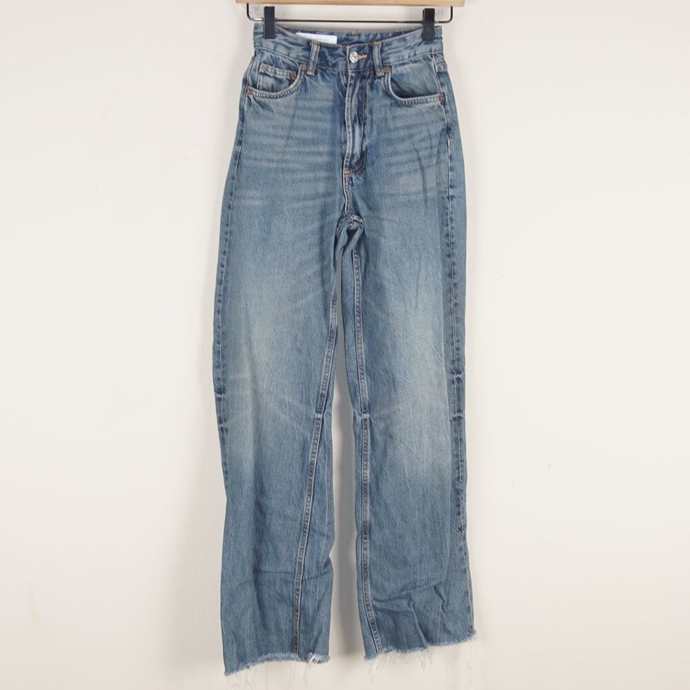 Zara The High Waisted Wide Leg Full Length Rigid Denim Washed Jeans Sz 0